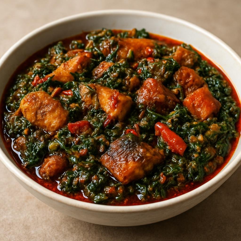 Entree: Nigeria – Yoruba Southwest – Efo Riro (Yoruba-style spicy spinach stew with peppers and assorted proteins) recipe