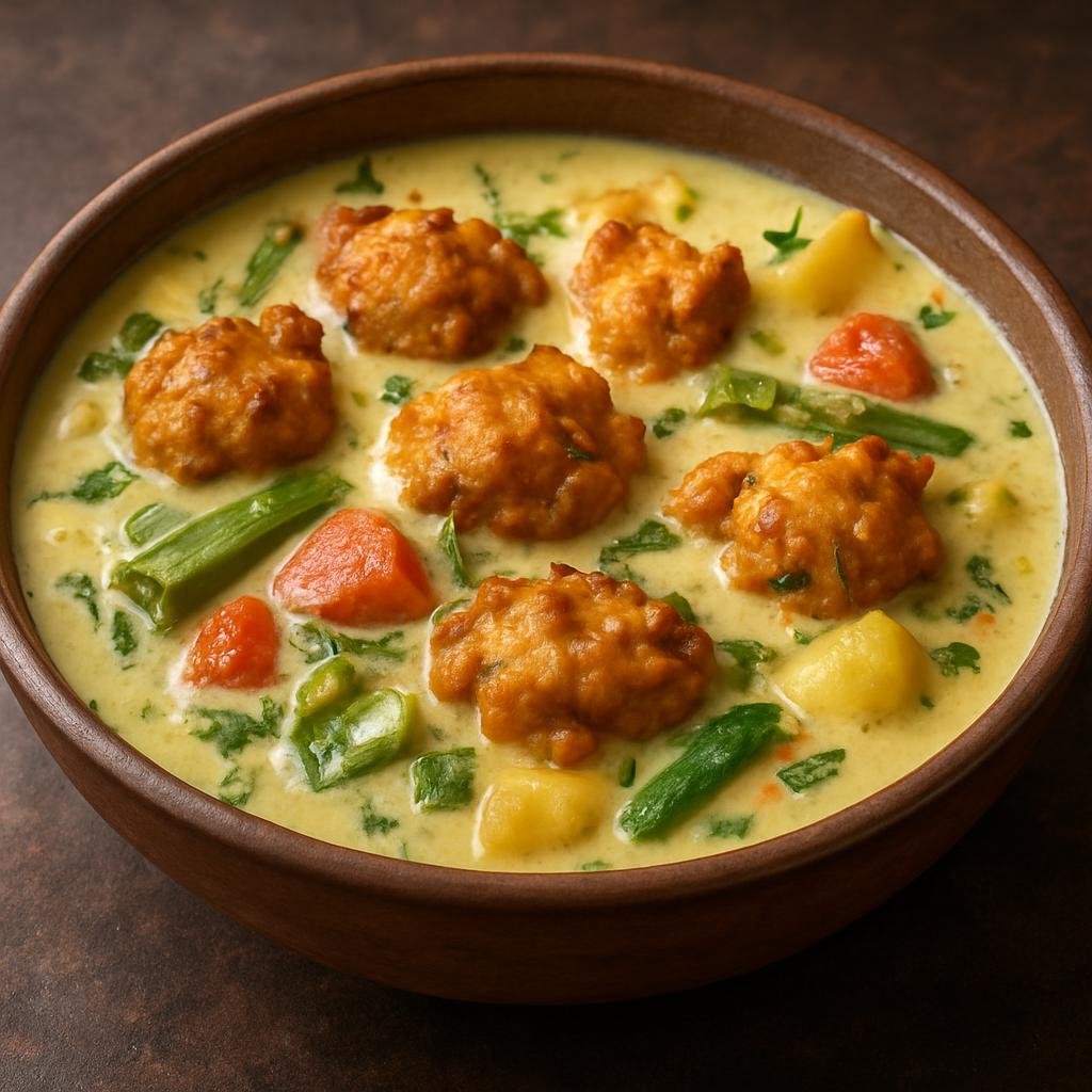 Entree: Pakistan – Sindh – سنڌي ڪڙي ➤ Sindhi Karhi (Sour yogurt and gram-flour curry with vegetables and fried pakoras) recipe