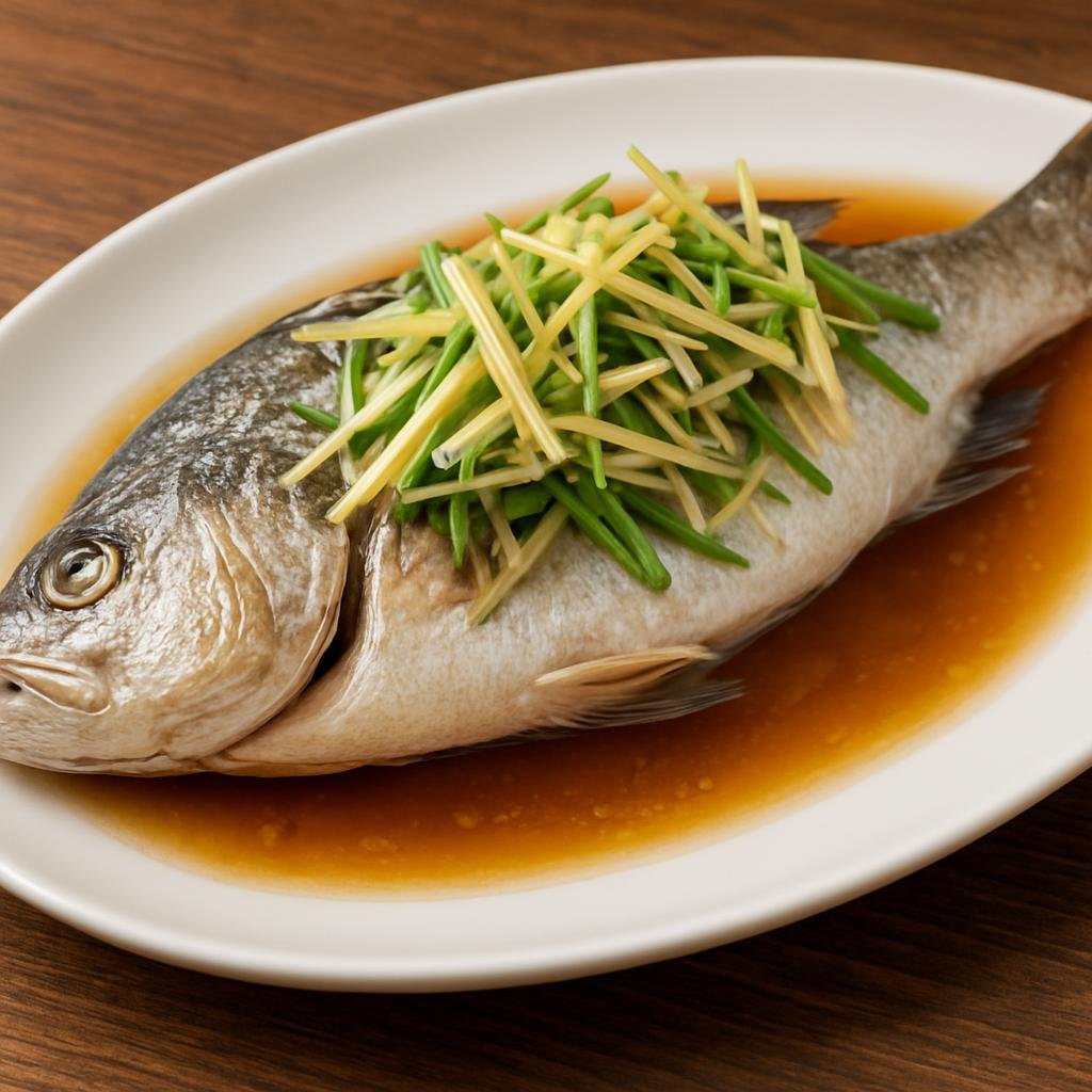 Entree: China – Hong Kong – 薑蔥蒸魚 ➤ Jiāng cōng zhēng yú (Whole steamed white-fleshed fish flavored with julienned ginger and scallions) recipe