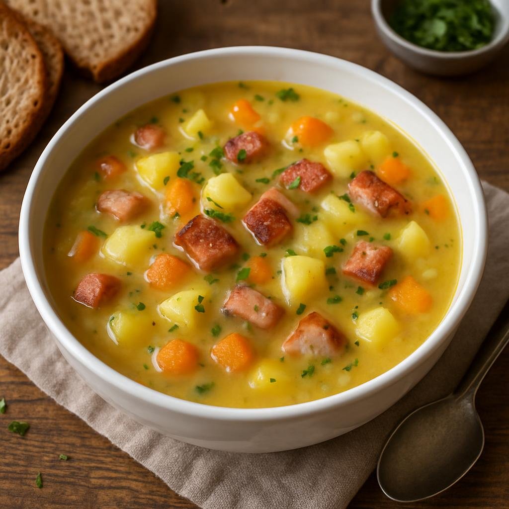 Entree: Germany – Saxony – Sächsische Kartoffelsuppe (Hearty Saxon potato soup made with potatoes, root vegetables, smoked pork and a rich broth) recipe