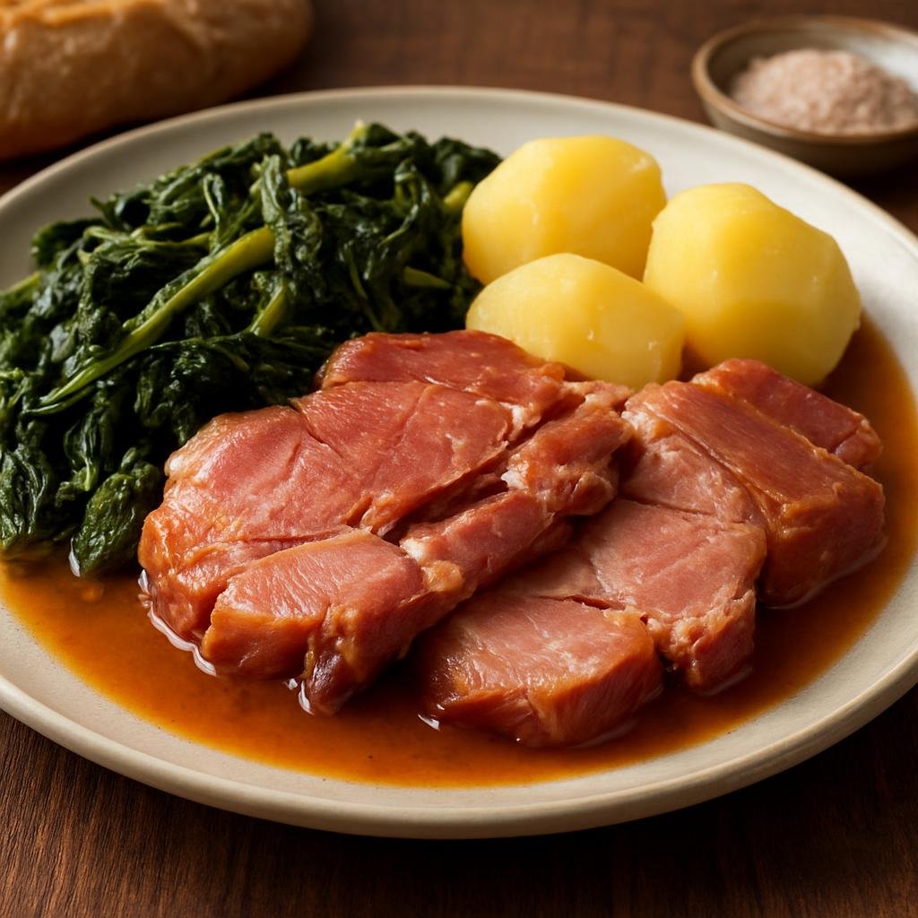 Entree: Spain – Galicia – Lacón con Grelos (Braised cured pork shoulder served with turnip greens and potatoes) recipe