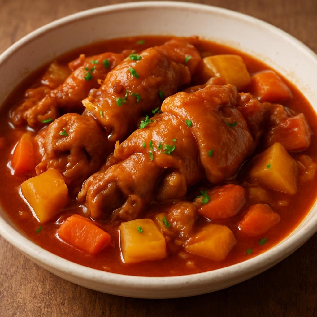 Entree: Canada – Quebec – Ragoût de pattes de cochon (Slow-braised pig's feet ragout with root vegetables in a savory tomato-broth) recipe