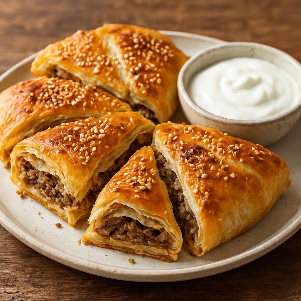 Entree: Turkey – Turkish Kurdish Cuisine – Şam Böreği (Damascene-style layered and filled savory pastry of dough with seasoned meat, baked and served with yogurt sauce) recipe