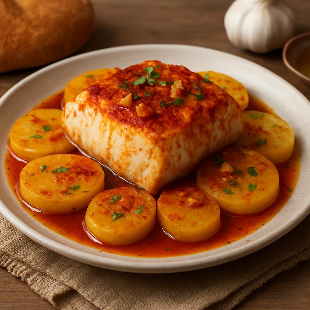 Entree: Spain – Galicia – Merluza a la Gallega (Hake cooked Galician-style with potatoes, smoked paprika, garlic, and olive oil) recipe