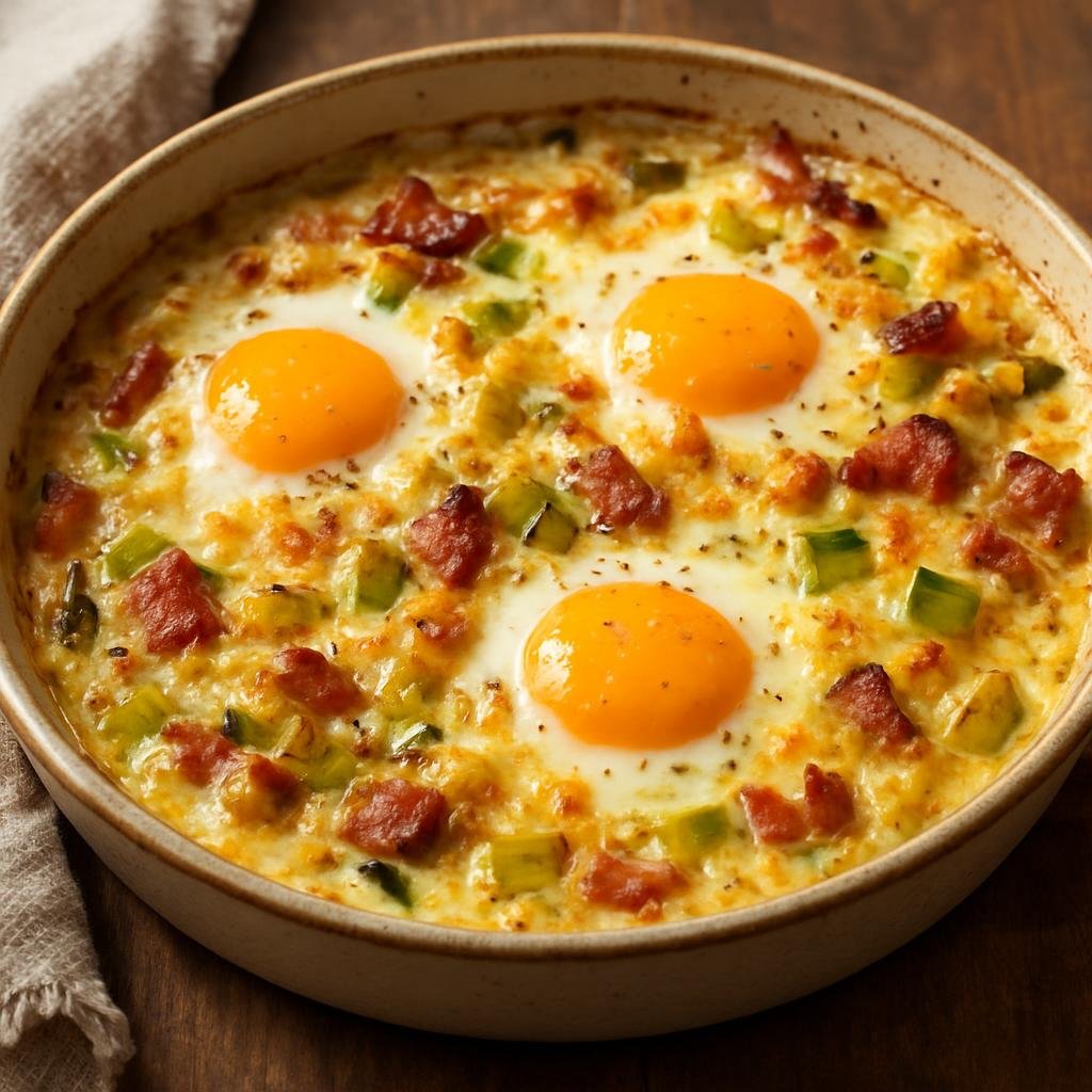 Entree: United Kingdom – Wales – Anglesey Eggs (Baked eggs with leeks, bacon, and cheddar in a creamy mustard sauce) recipe