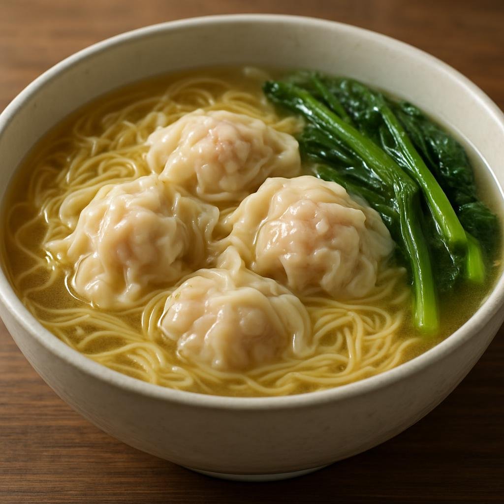 Entree: China – Hong Kong – 雲吞麵 ➤ Yúntūn Miàn (Thin egg noodles served in a clear pork-and-shrimp broth topped with pork-and-shrimp wontons and leafy greens) recipe