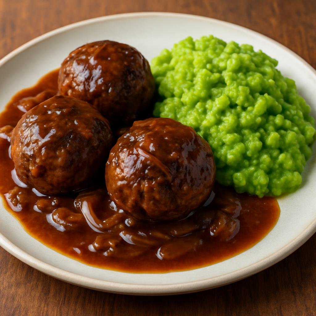 Entree: United Kingdom – Wales – Faggots and Peas (Traditional British pork meatballs made with minced offal and herbs, served with onion gravy and mushy peas) recipe
