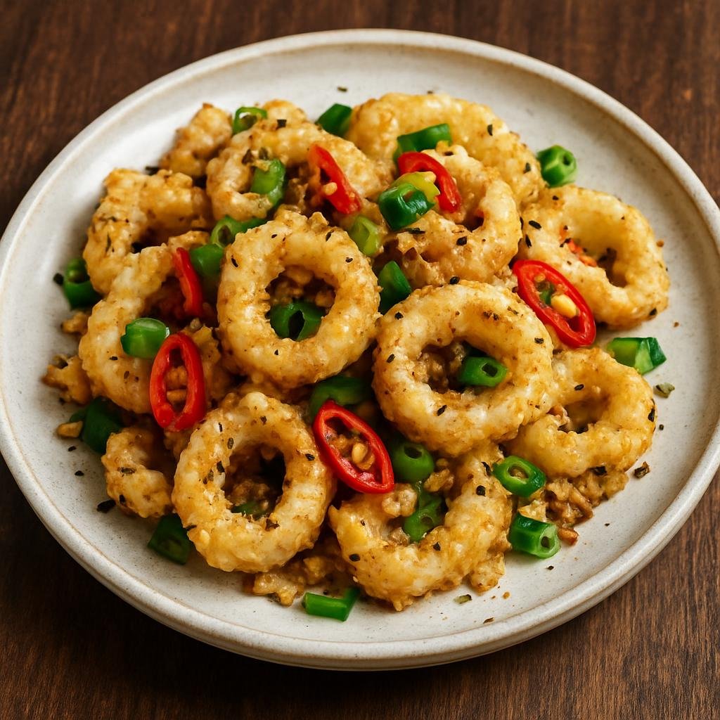 Entree: China – Hong Kong – 椒鹽魷魚 ➤ Jiao Yan You Yu (Lightly battered fried squid tossed with salt, cracked pepper, garlic, scallions, and chilies) recipe