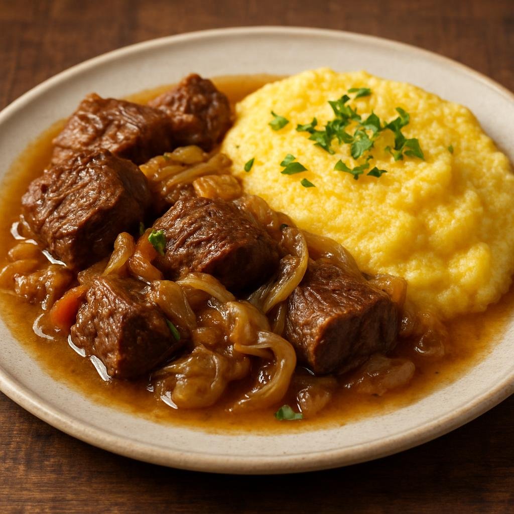 Entree: Italy – Lombardy – Manzo all'Olio (Braised Lombard beef gently cooked in olive oil with aromatics, served with polenta) recipe