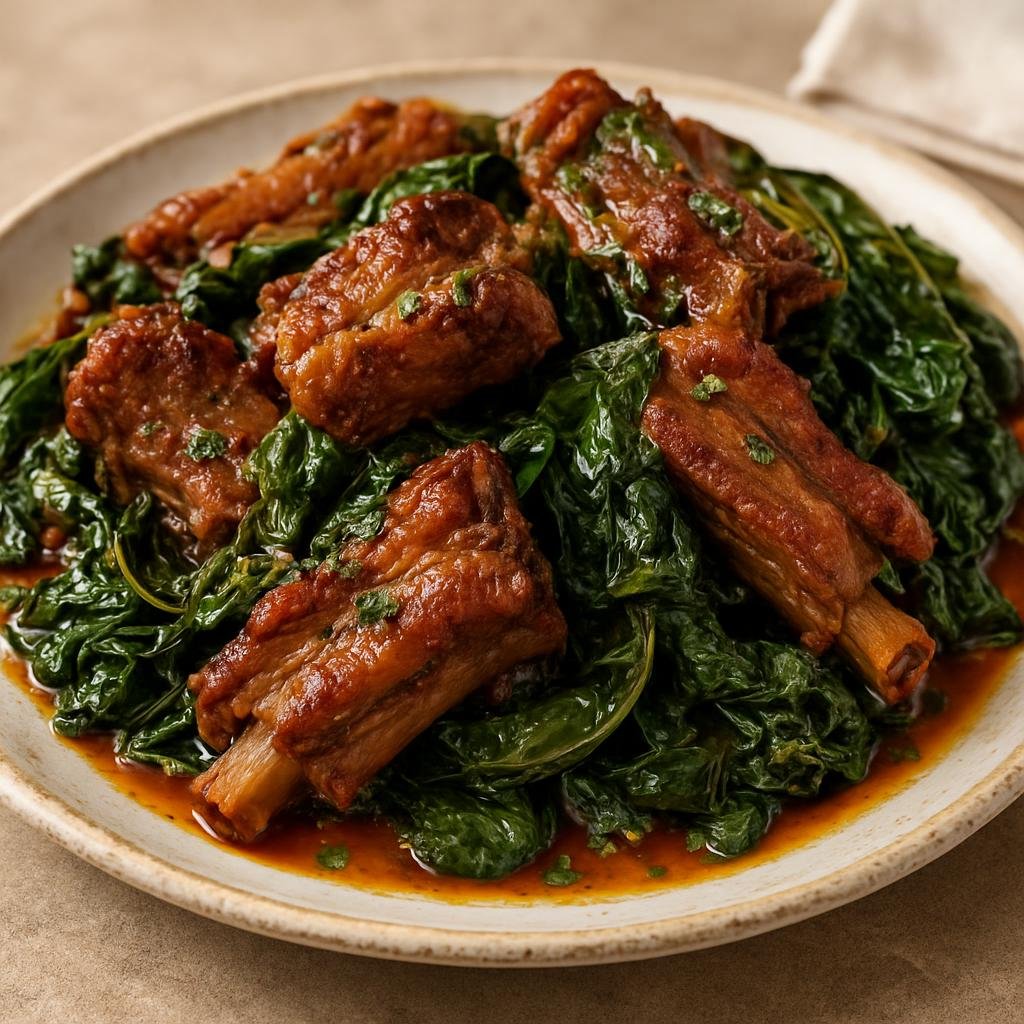 Entree: Brazil – Minas Gerais – Costelinha com Ora-pro-nóbis (Braised pork ribs cooked with ora-pro-nóbis, a leafy succulent, and Minas Gerais seasonings) recipe