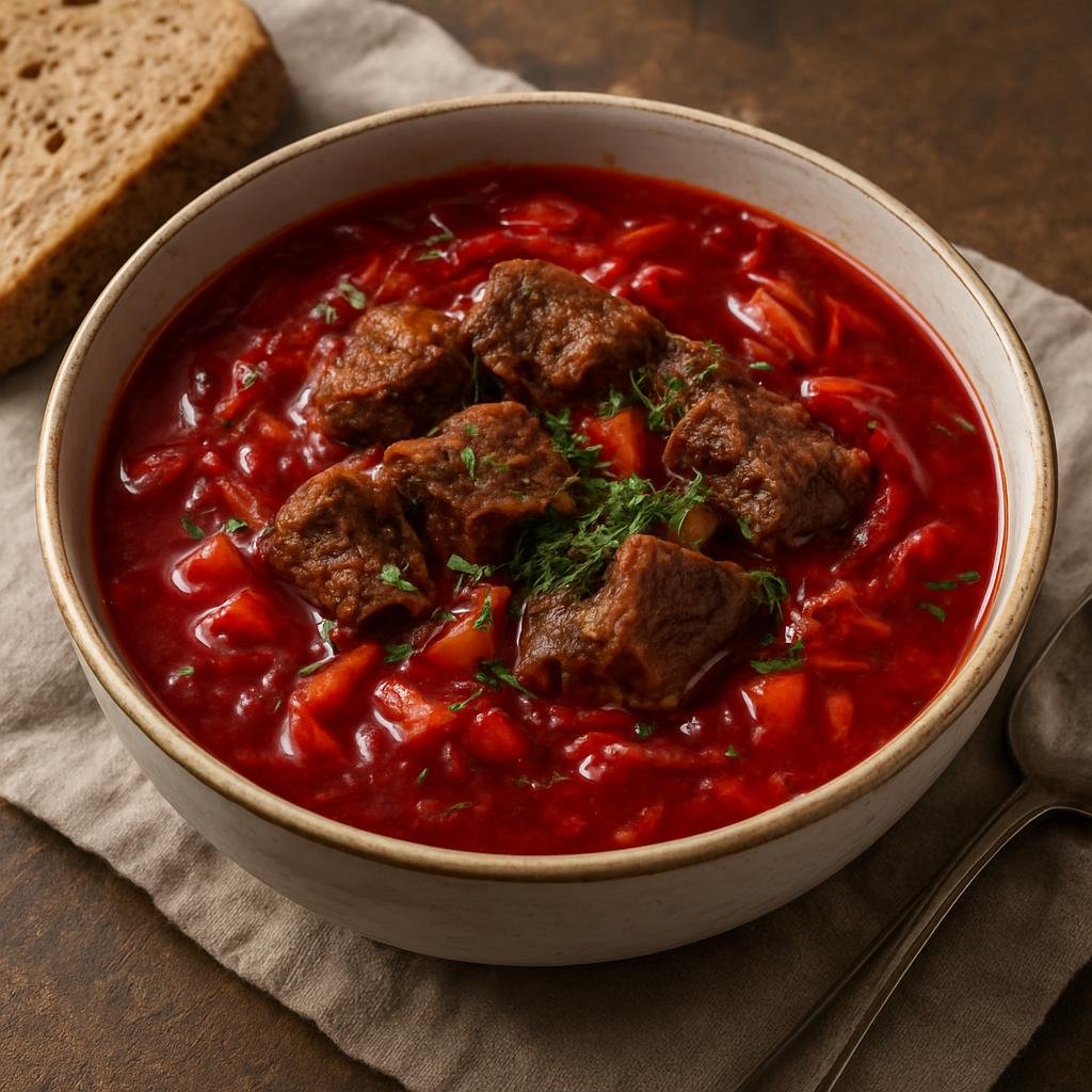 Entree: Russia – Russian Jewish Cuisine – Борщ с мясом ➤ Borshch s myasom (Hearty beet soup made with beef, vegetables, and aromatic herbs) recipe