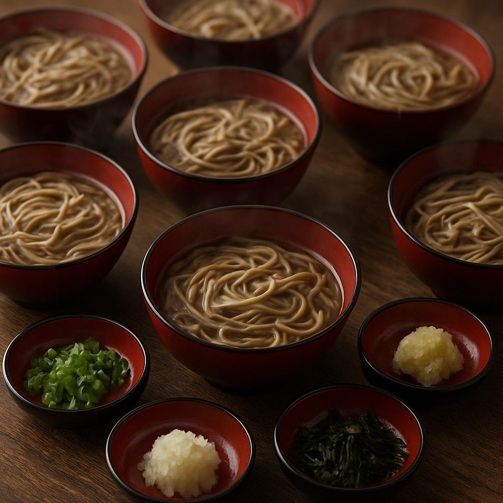Entree: Japan – Tohoku – わんこそば ➤ Wanko-soba (Tohoku-style buckwheat noodles served in many small bowls with hot broth and assorted condiments) recipe
