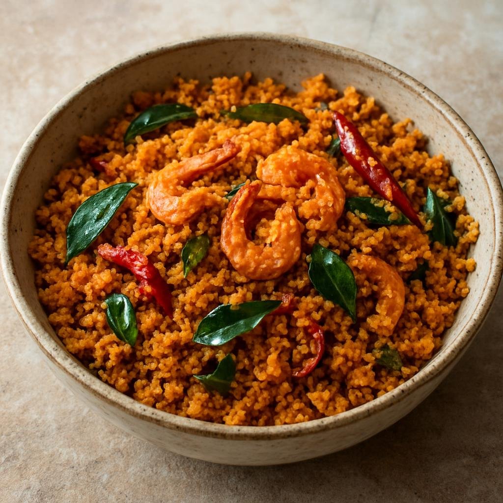 Entree: India – Goa – किस्मुर ➤ Kismur (A dry Goan preparation of spiced grated coconut mixed with dried shrimp, tempered with curry leaves and chilies) recipe