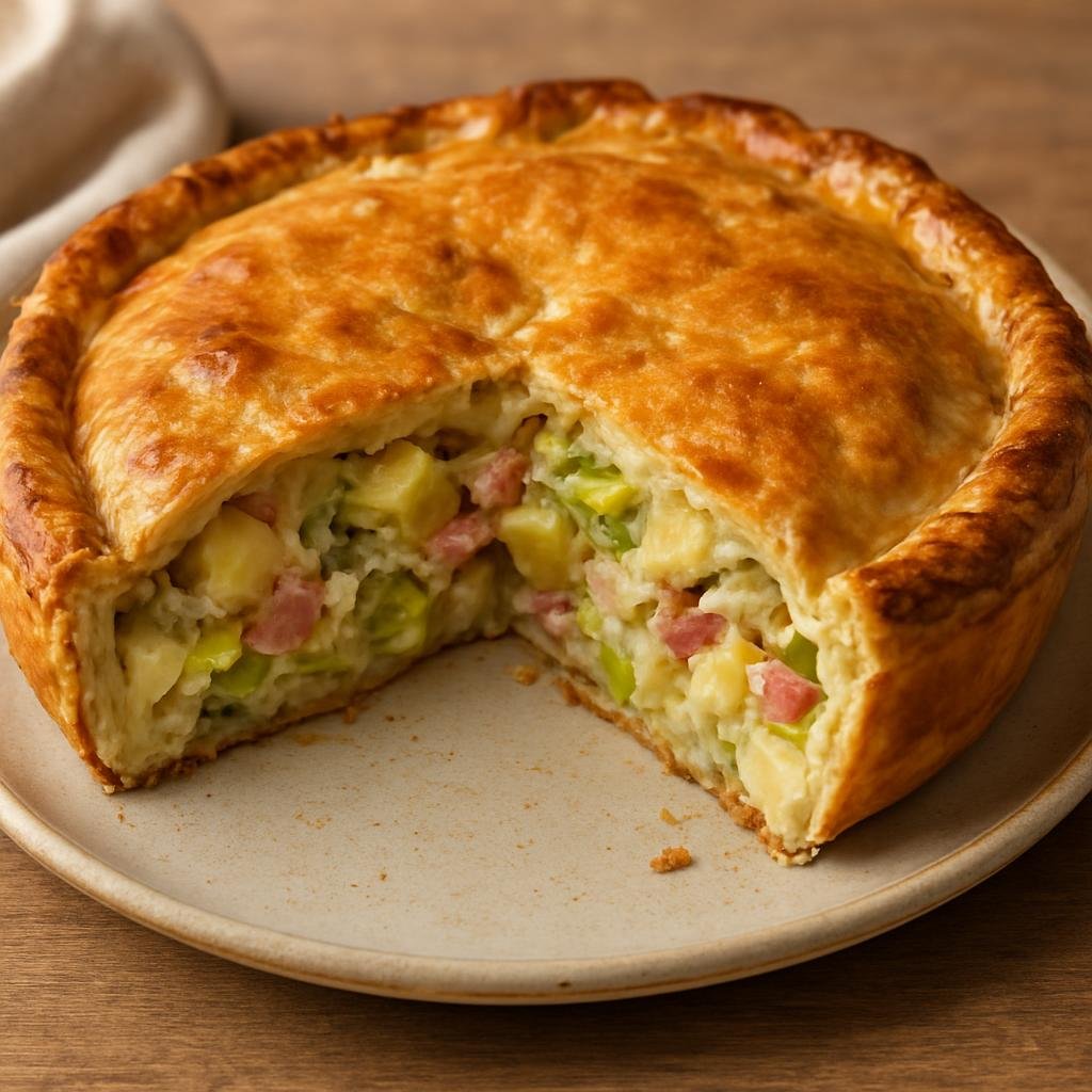 Entree: France – Dauphine – Tourte de la Vallée de la Drôme (Rustic savory country pie from the Drôme valley filled with potatoes, leeks, cured pork, cheese, and a creamy egg custard) recipe