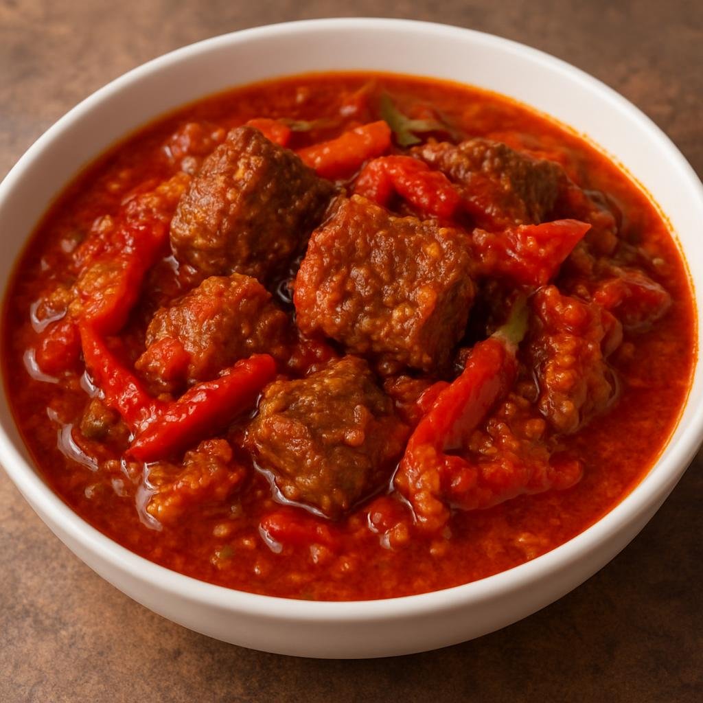 Entree: Nigeria – Yoruba Southwest – Buka Stew (Spicy Nigerian palm-oil and tomato stew with beef and peppers) recipe