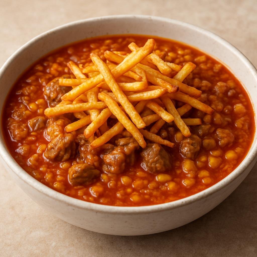 Entree: Iran – Tehran & Central Iran – خورش قیمه ➤ Khoresht-e Gheimeh (Lamb and yellow split-pea stew simmered with tomato and topped with fried potato matchsticks) recipe