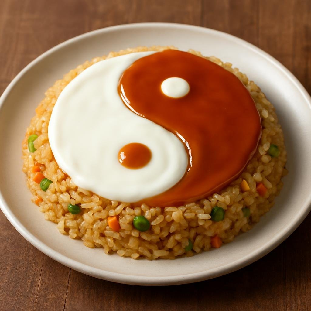 Entree: China – Hong Kong – 鴛鴦炒飯 ➤ Yuen yeung chaau faan (Cantonese fried rice finished with contrasting savory egg-white and egg-yolk sauces arranged in a yin-yang pattern) recipe