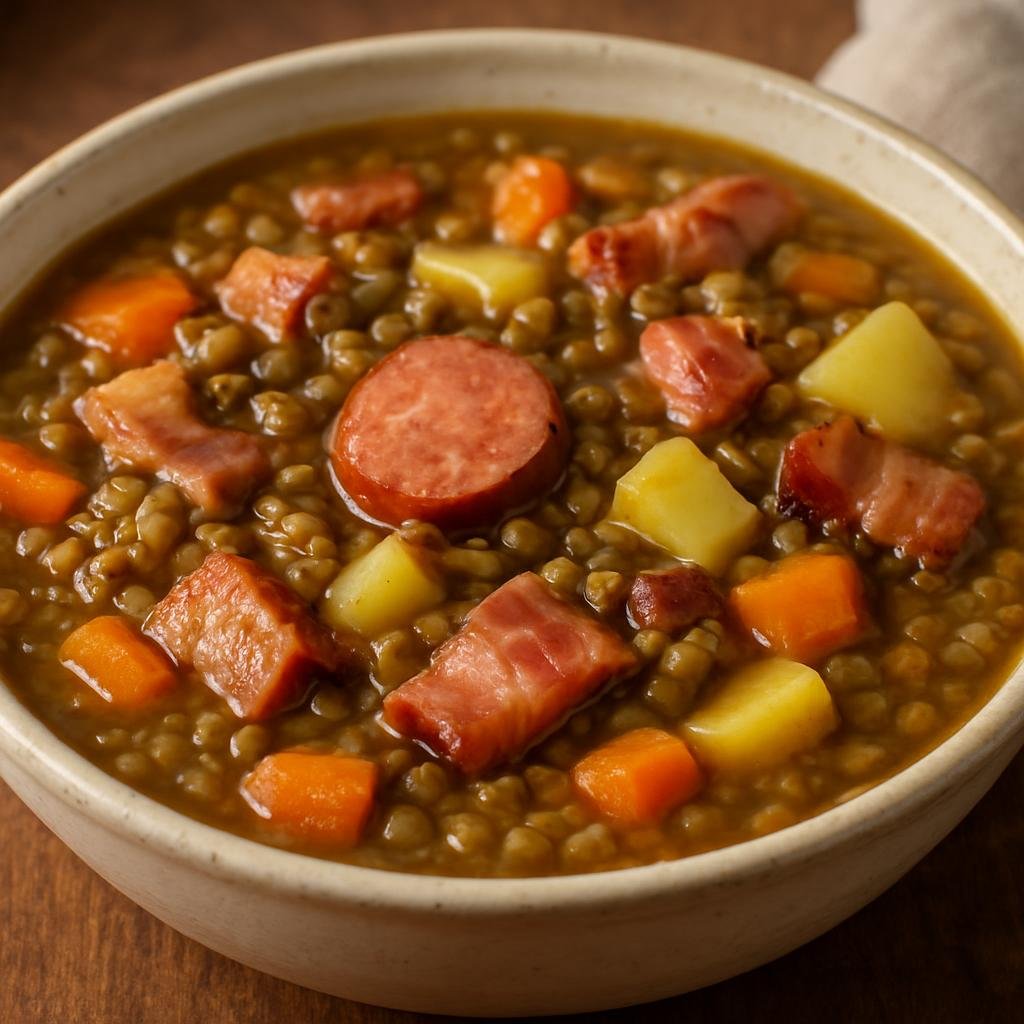 Entree: Germany – Saxony – Sächsische Linsensuppe (Hearty Saxon lentil soup with smoked sausage, bacon, and root vegetables) recipe