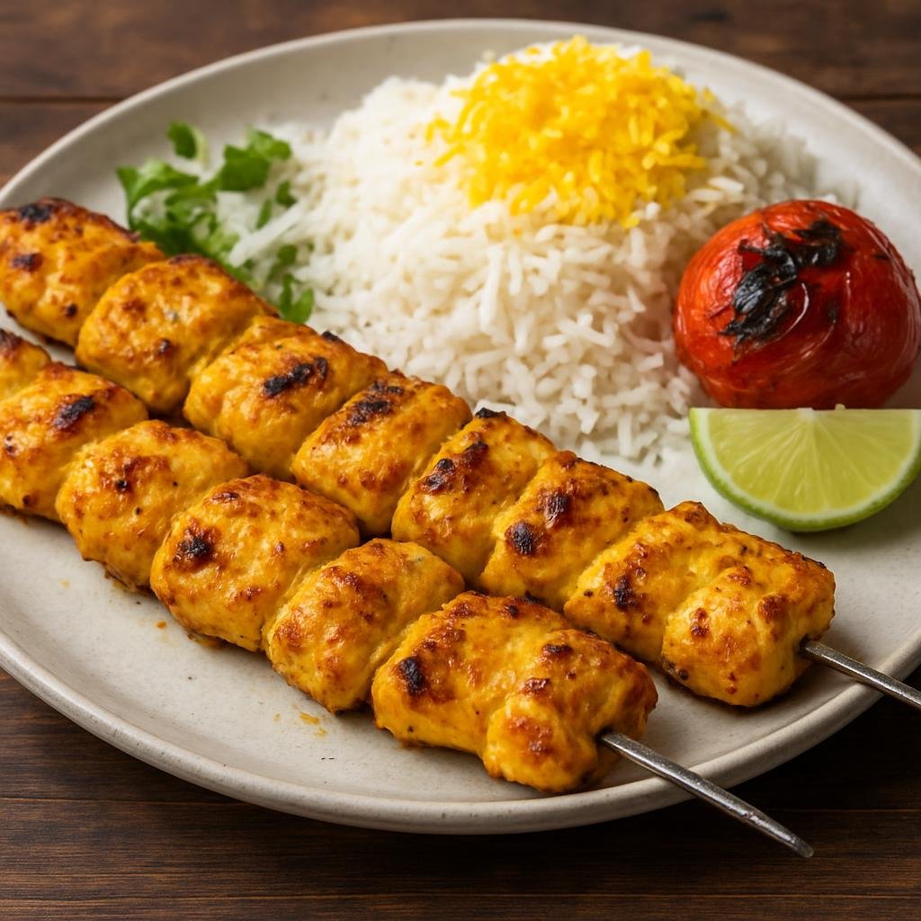 Entree: Iran – Tehran & Central Iran – جوجه کباب ➤ Jūjeh Kabāb (Saffron- and lemon-marinated grilled chicken skewers) recipe