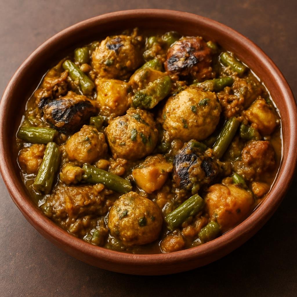 Entree: India – Gujarat – ઉંધિયું ➤ Undhiyu (Gujarati mixed winter vegetable and spiced fenugreek-dumpling casserole slow-cooked until tender) recipe