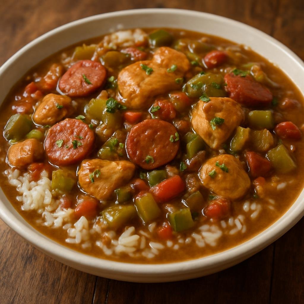 Entree: United States – Creole Louisiana – Chicken and Sausage Gumbo (Hearty Creole stew of chicken, smoked sausage, and vegetables served over white rice) recipe
