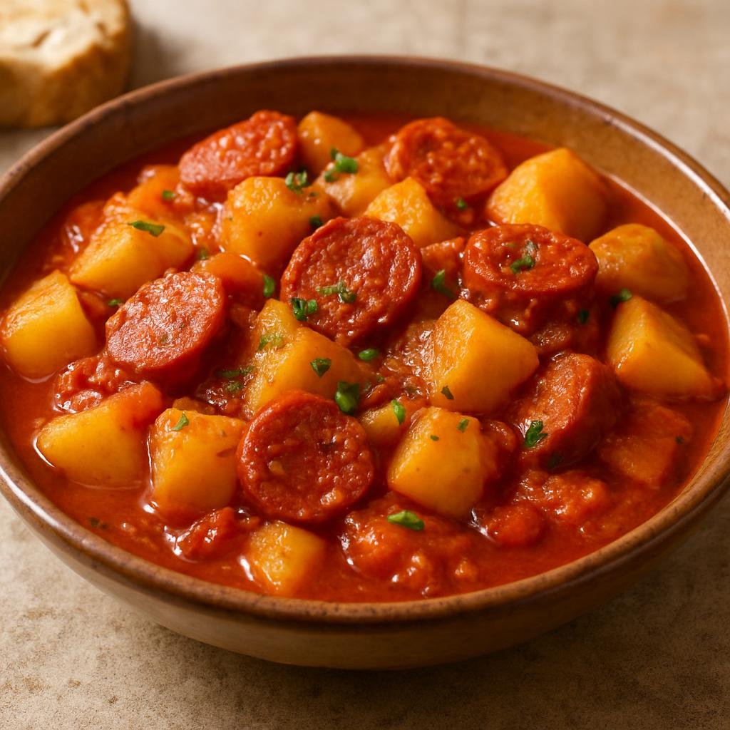 Entree: Spain – La Rioja – Patatas a la Riojana (Hearty potato and chorizo stew simmered with paprika and tomatoes) recipe