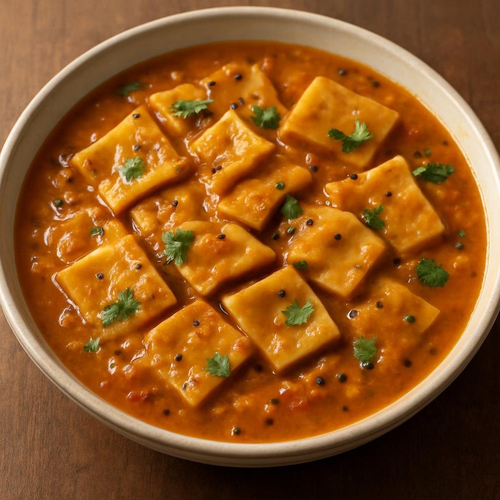 Entree: India – Gujarat – ઢોકળીનું શાક ➤ Dhokli nu Shaak (Wheat dumplings simmered in a spiced, tangy Gujarati lentil and tomato curry) recipe