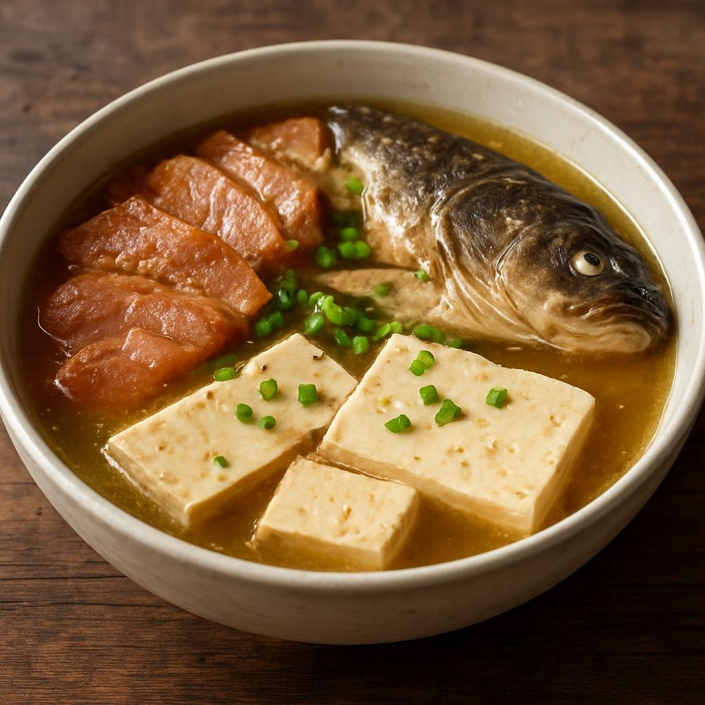 Entree: China – Hubei – 绵阳三蒸 ➤ Miányáng Sān Zhēng (Three traditional steamed preparations from Mianyang featuring marinated pork, river fish, and tofu served with a seasoned steamed broth) recipe