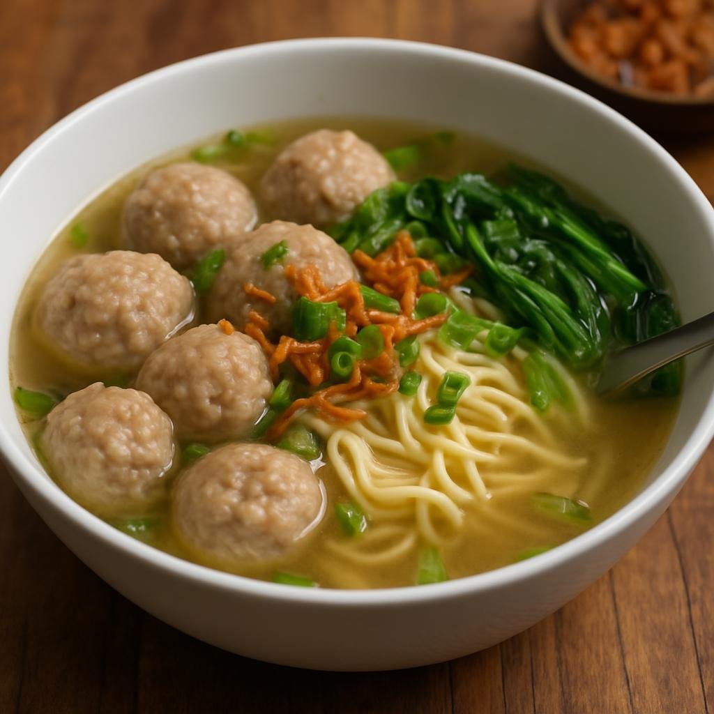 Entree: Indonesia – Java – Bakso (Savory Indonesian meatball soup typically served in a clear beef broth with noodles and greens) recipe