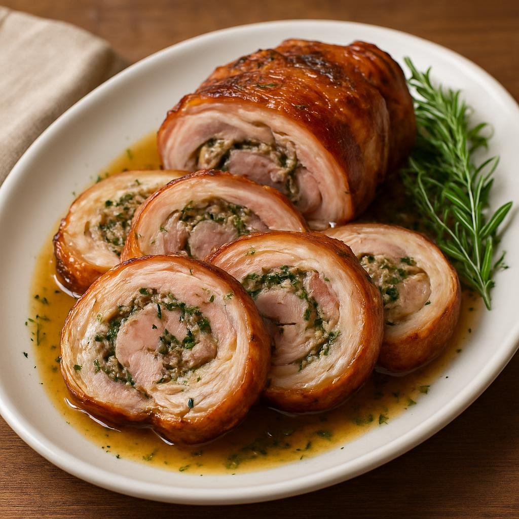 Entree: Italy – Marche – Coniglio in Porchetta (Rabbit roasted porchetta-style, butterflied and rolled with herbs, fennel, garlic, and pancetta) recipe