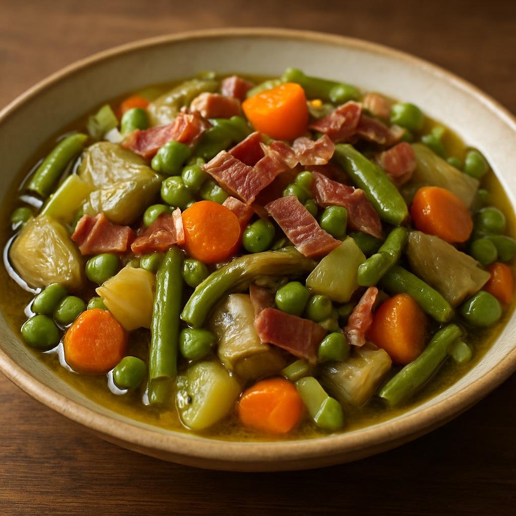 Entree: Spain – La Rioja – Menestra de Verduras (A traditional La Rioja vegetable medley of sautéed and braised seasonal vegetables often finished with olive oil and cured ham) recipe