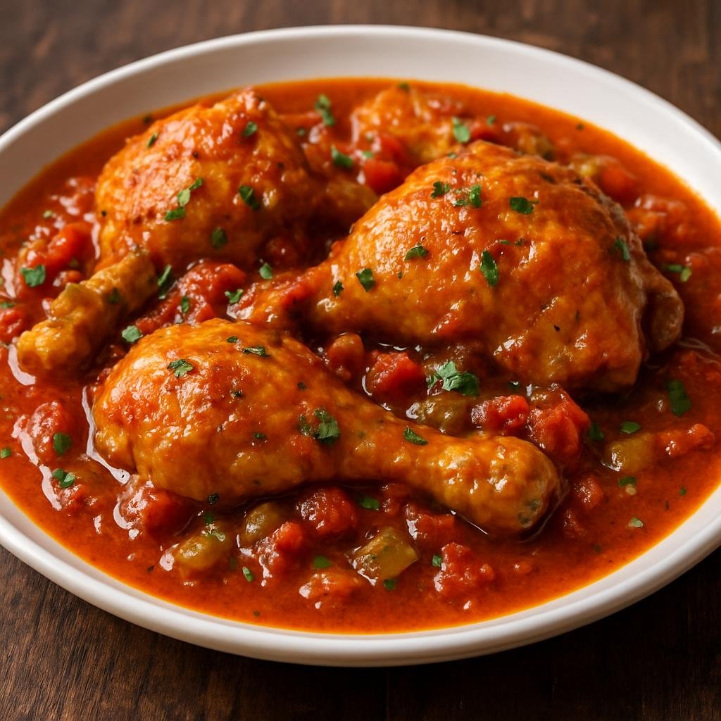 Entree: United States – Creole Louisiana – Creole Chicken Fricassee (Creole-style braised chicken in a seasoned tomato-roux gravy) recipe