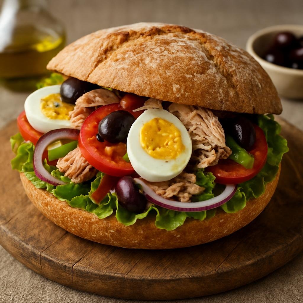 Entree: France – French Riviera – Pan Bagnat (A Niçoise-style sandwich of crusty bread filled with tuna, hard-boiled eggs, vegetables, olives, and an olive oil vinaigrette) recipe
