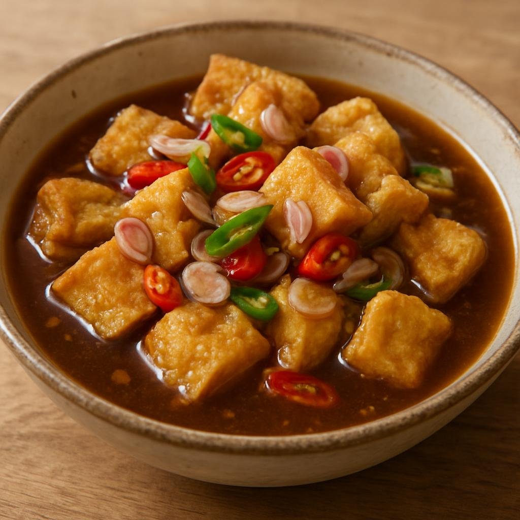 Entree: Indonesia – Java – Tahu Gejrot (Deep-fried firm tofu served with a thin sweet-spicy-sour palm sugar and tamarind sauce with shallots and chilies) recipe