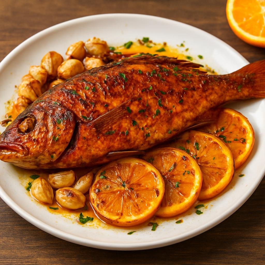 Entree: Brazil – Para – Filhote Assado (Whole Amazonian filhote fish roasted with regional citrus, garlic, and annatto oil) recipe