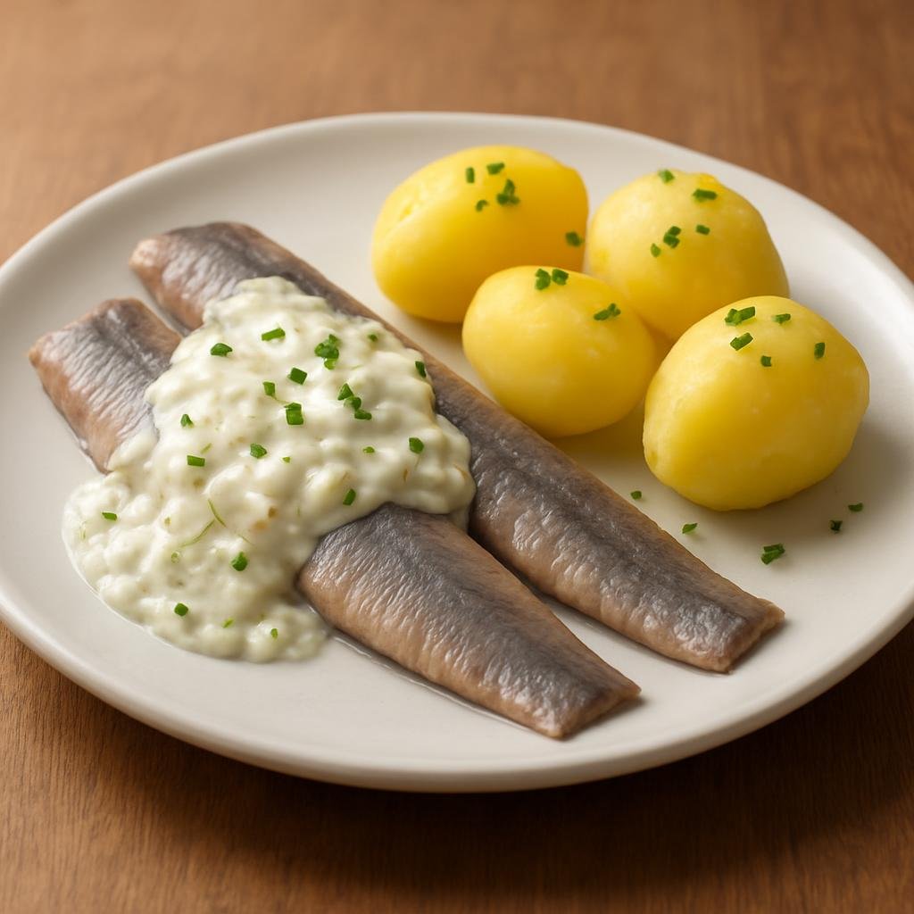 Entree: Germany – Schleswig-Holstein – Matjesfilet (Mild pickled young herring fillets served with a creamy onion-apple sauce and boiled potatoes) recipe
