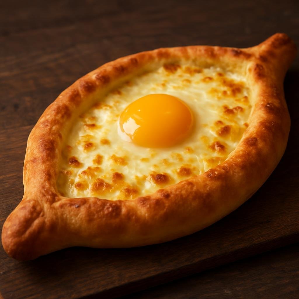 Entree: Russia – Southern Russia – Ачарули хачапури ➤ Acharuli khachapuri (Boat-shaped bread filled with molten cheese and topped with a runny egg) recipe