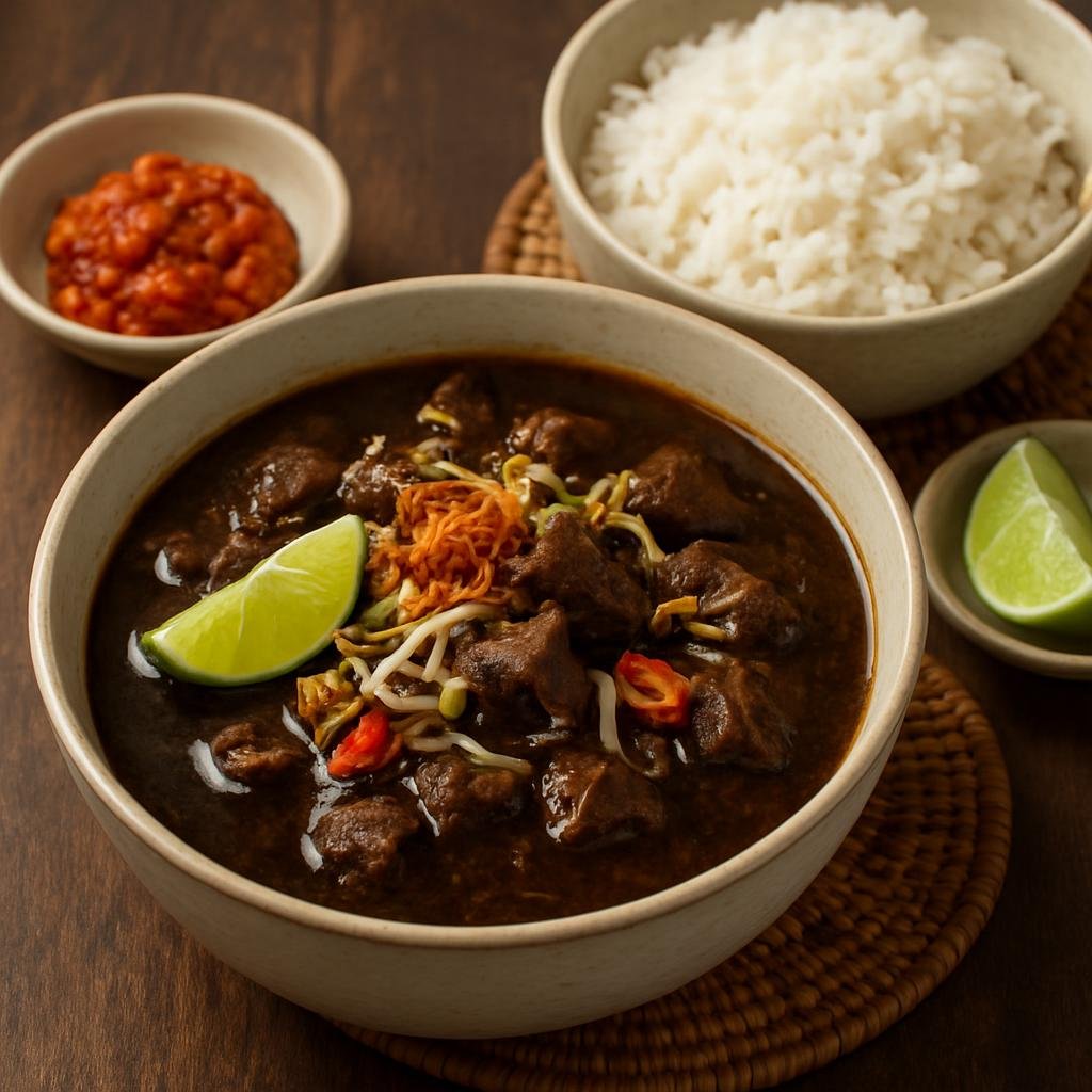 Entree: Indonesia – Java – Rawon (Javanese black beef soup made with keluak nuts and aromatic spice paste, served with rice and condiments) recipe