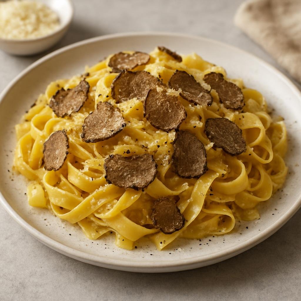 Entree: Italy – Marche – Tagliatelle al Tartufo (Fresh egg pasta ribbons tossed with butter, Parmesan, and shaved truffle) recipe