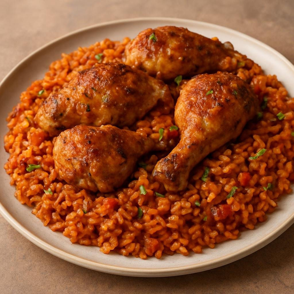 Entree: Canada – Toronto Multicultural – Jollof Rice with Chicken (West African-style tomato and pepper spiced one-pot rice cooked with seasoned chicken) recipe