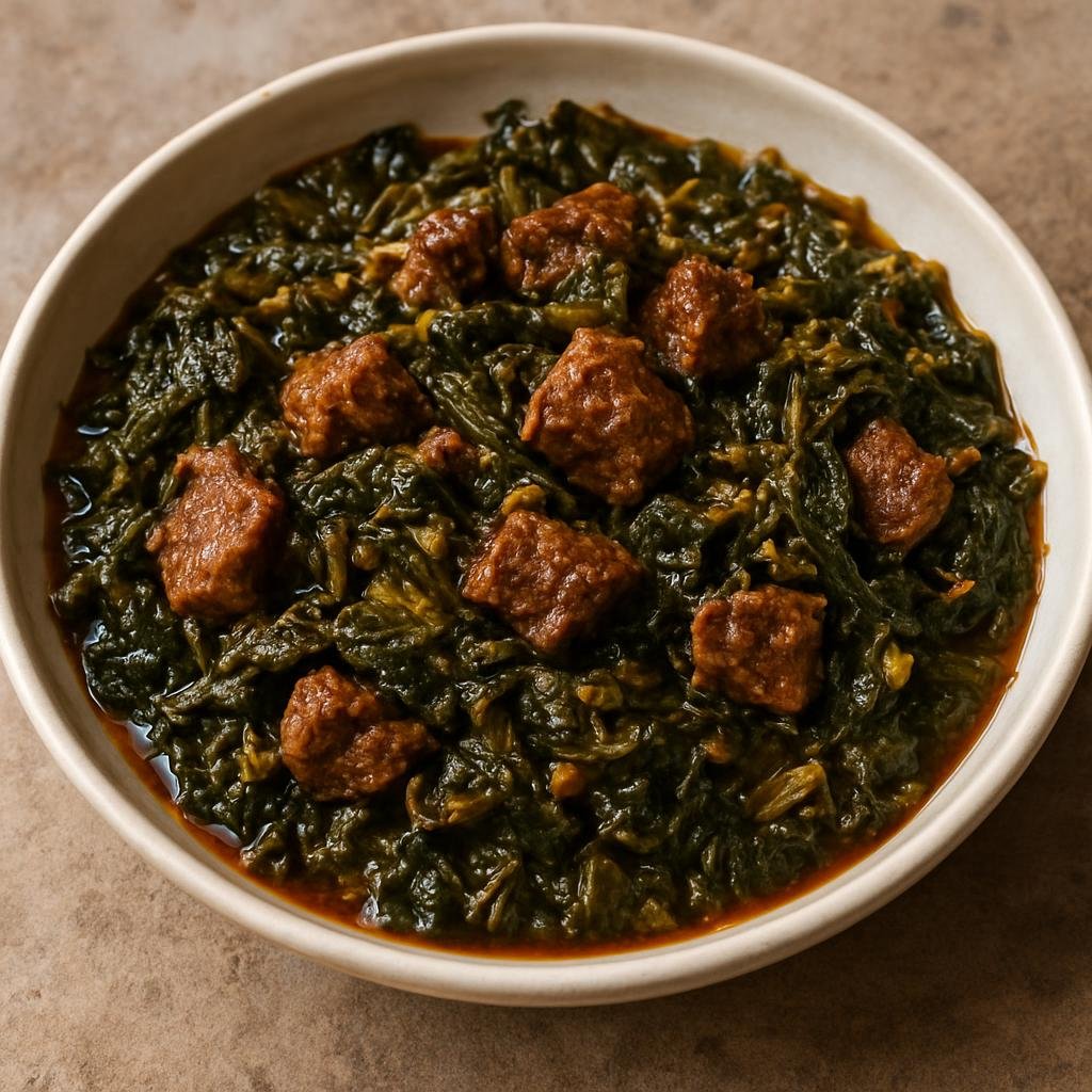 Entree: Ethiopia – Tigray – ጎመን በሥጋ ➤ Gomen be siga (Slow-simmered collard greens cooked with seasoned beef in spiced Ethiopian butter) recipe