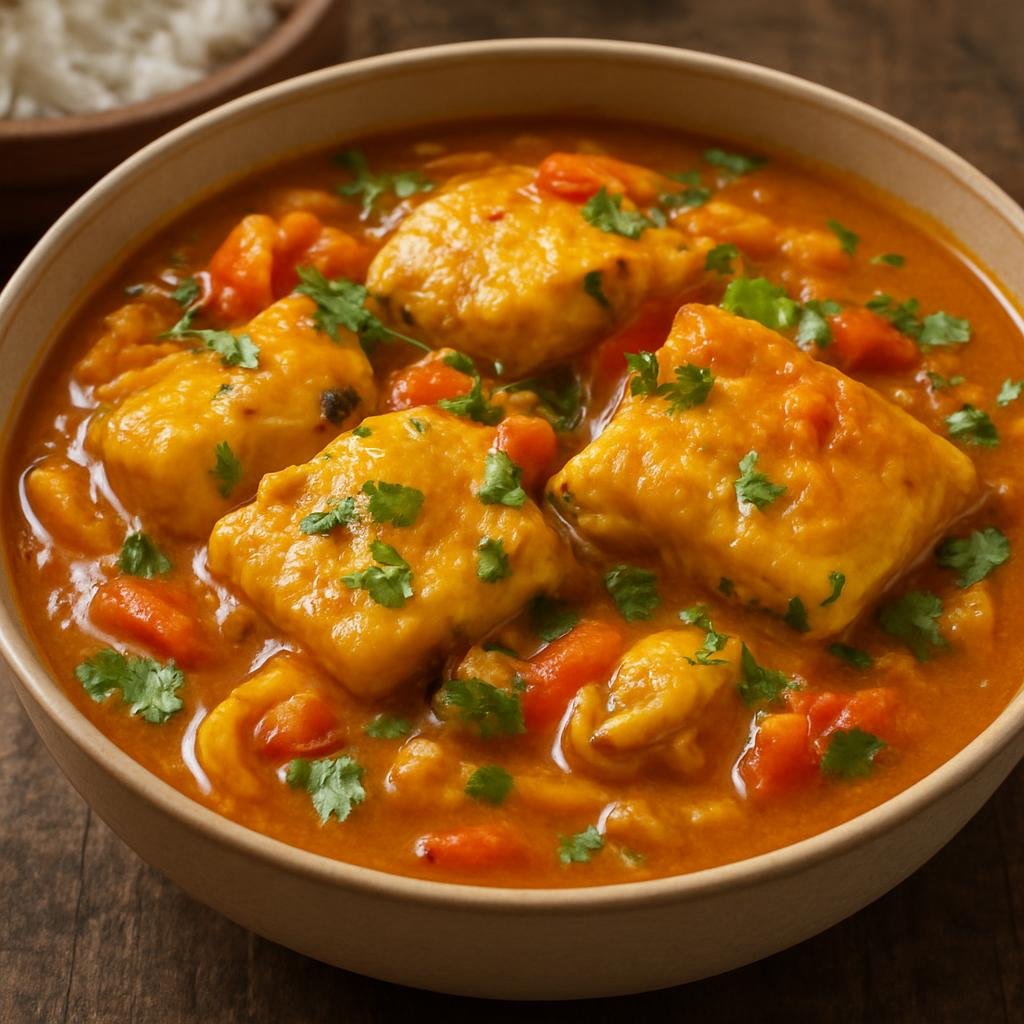 Entree: Brazil – Para – Moqueca de Pirarucu (Amazonian pirarucu fish stew simmered in coconut milk, palm oil, tomatoes, onions, and cilantro) recipe