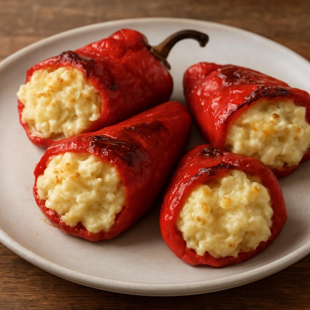 Entree: Spain – La Rioja – Pimientos Rellenos de Bacalao (Roasted red peppers filled with a creamy salted cod and potato brandade) recipe