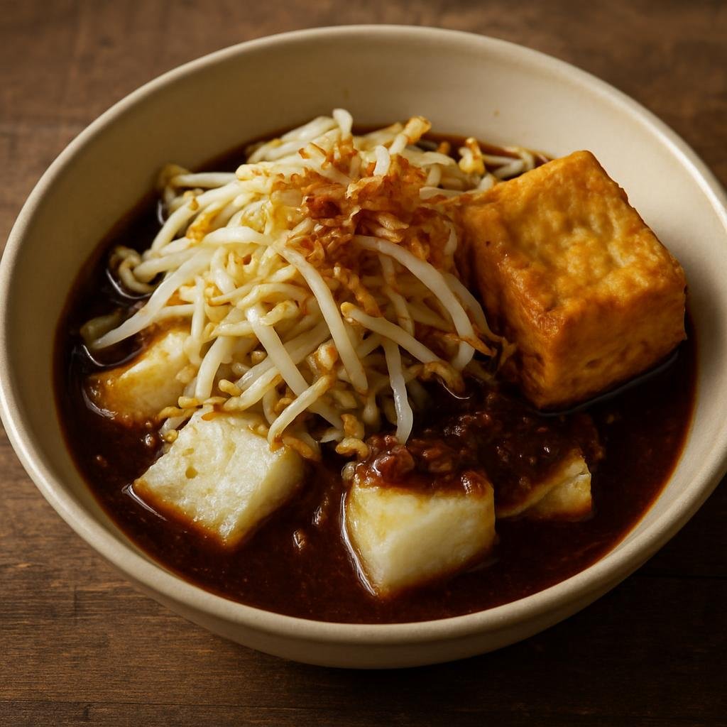 Entree: Indonesia – Java – Lontong Balap (Javanese plate of compressed rice cakes with sprouts, fried tofu and savory petis sauce) recipe