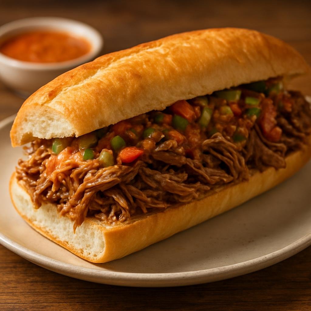 Entree: United States – Creole Louisiana – Cochon de Lait Po'Boy (Fried French bread sandwich filled with shredded slow-roasted pork and Creole dressings) recipe