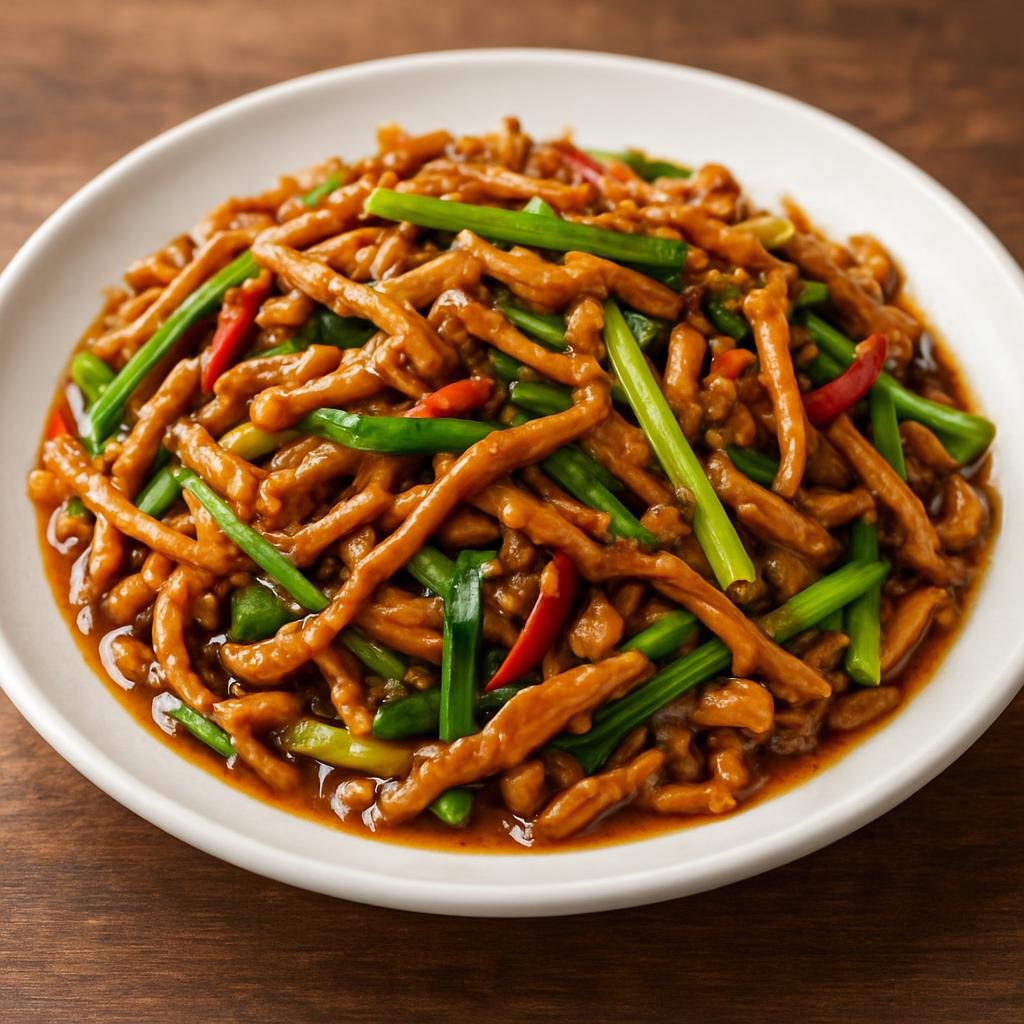 Entree: China – Hubei – 蒜蓉肉丝 ➤ Suàn róng ròu sī (Stir-fried shredded pork in a savory garlicky sauce with vegetables) recipe