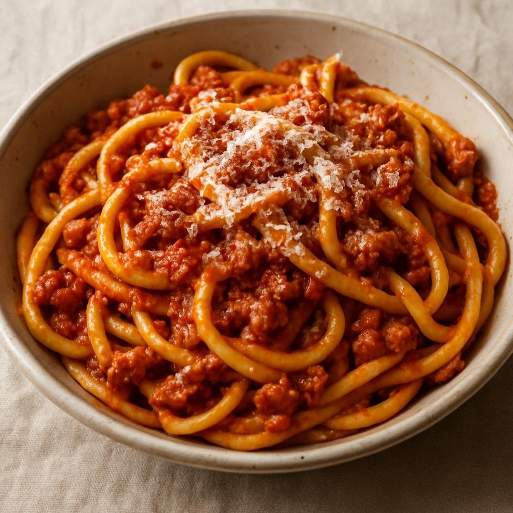 Entree: Italy – Marche – Pasta alla Marchigiana (Pasta tossed with a slow-cooked pork sausage and tomato ragù from the Marche region, finished with Pecorino cheese) recipe