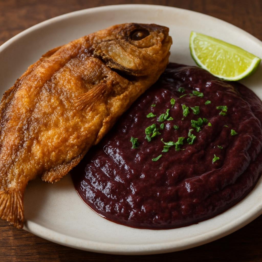 Entree: Brazil – Para – Peixe Frito com Açaí (Crispy fried river fish served with a savory açaí sauce typical of Pará) recipe