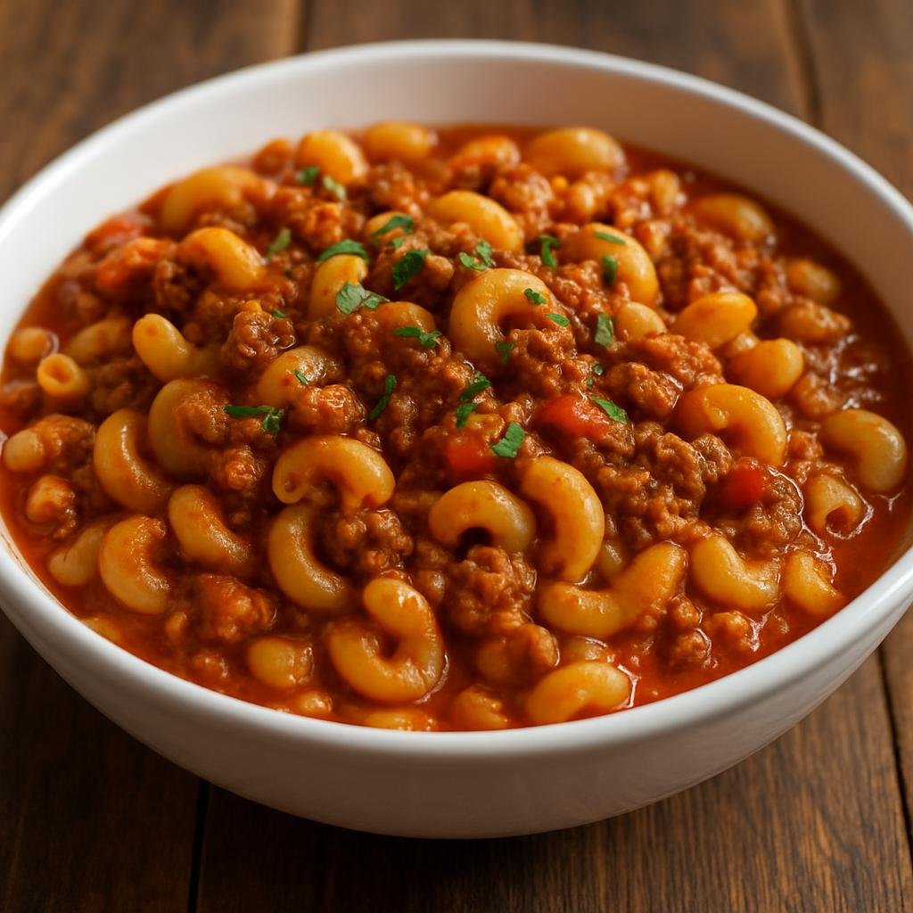 Entree: Canada – Toronto Multicultural – Goulash (Hearty tomato-based ground beef and macaroni stew common in Canadian home cooking) recipe
