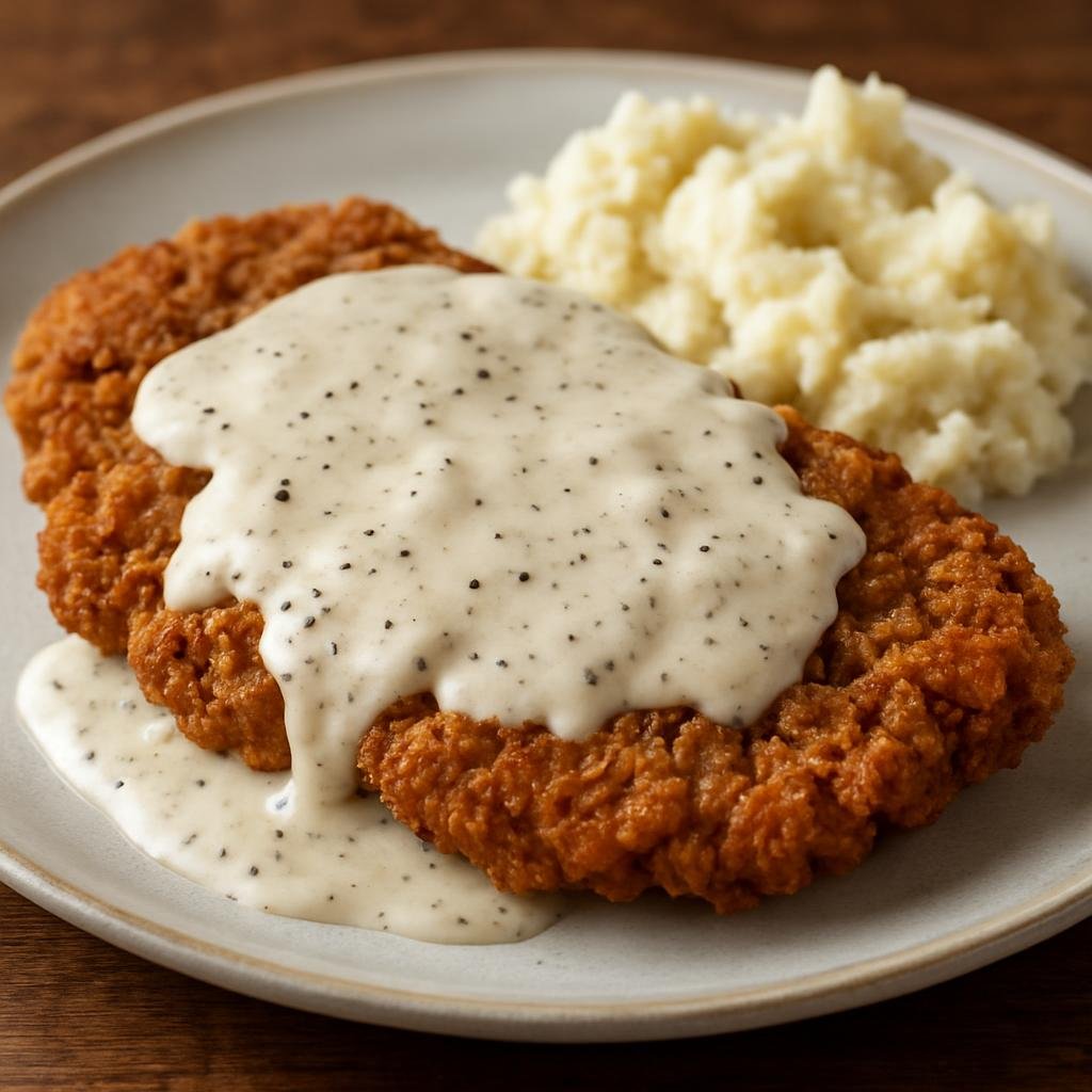 Entree: United States – Deep South – Country Fried Steak (Breaded and pan-fried tenderized beef steak served with a peppered cream gravy) recipe